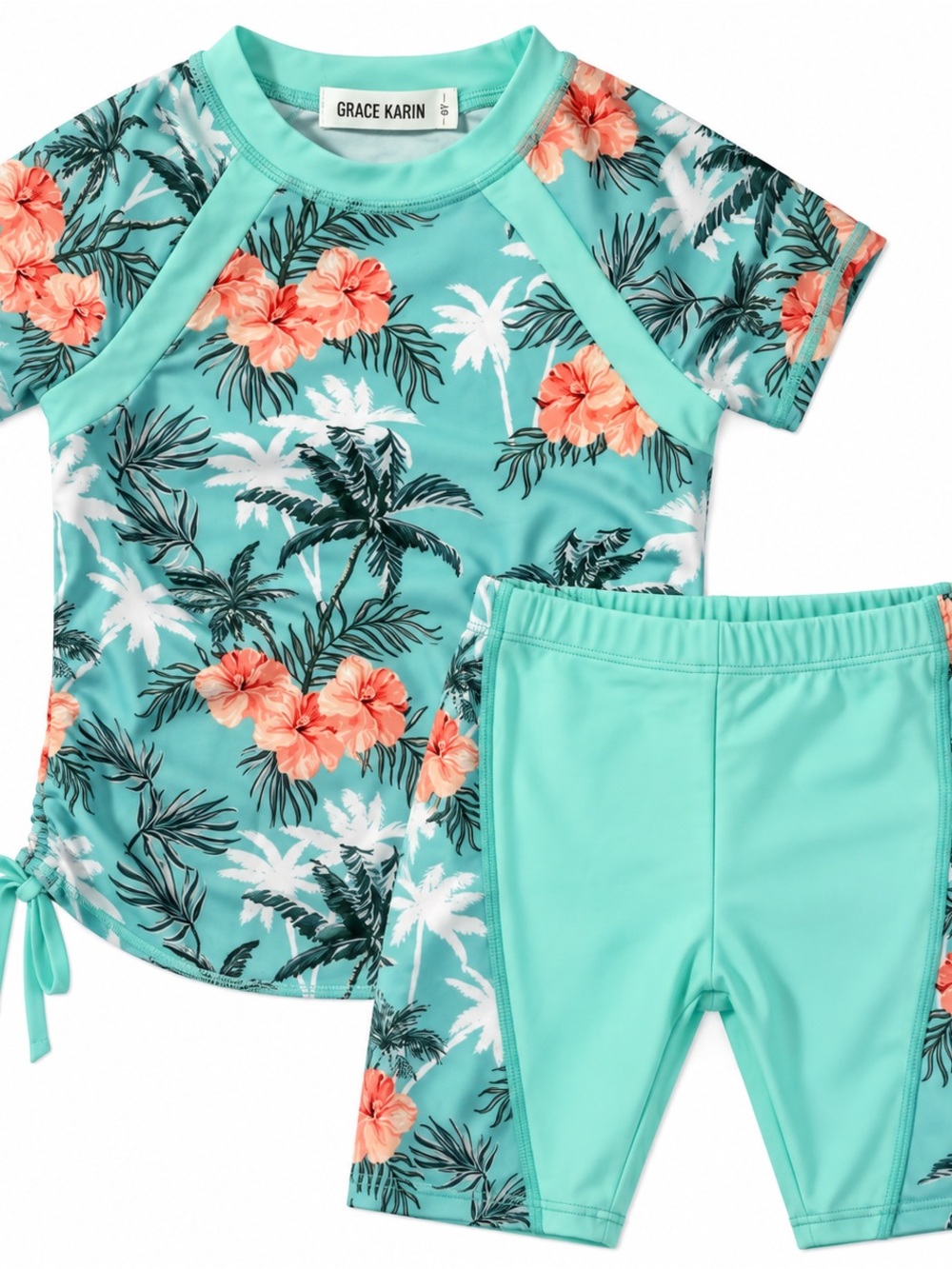 Grace Karin Turquoise Floral Short Sleeve Rashguard Set
